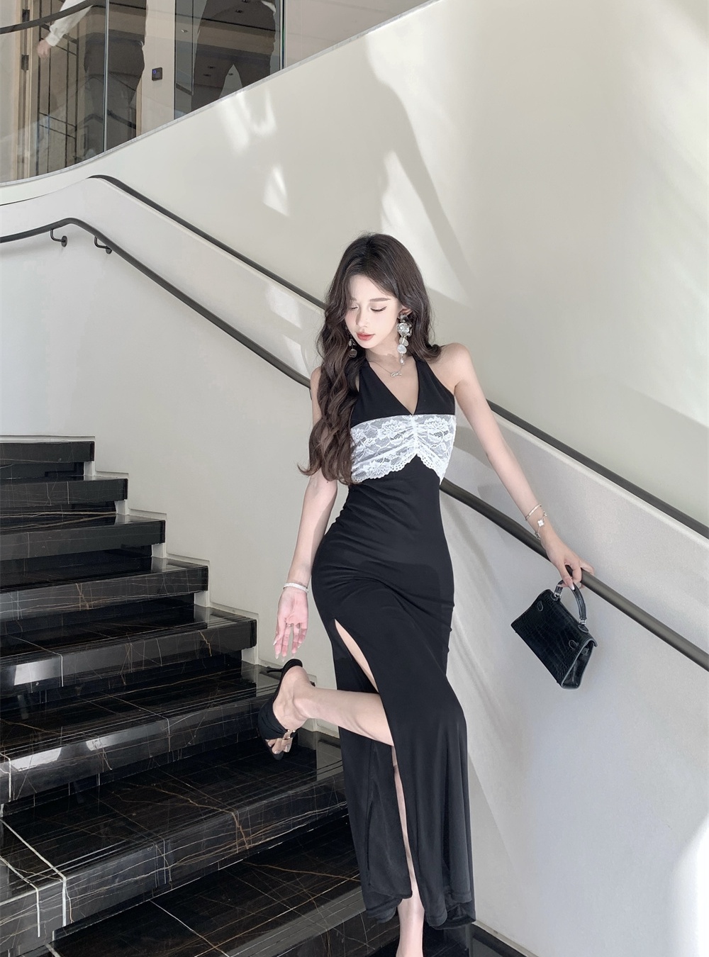 Summer splice sling halter lace slim dress