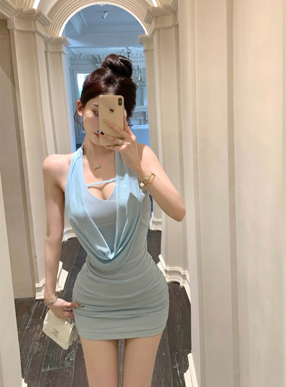 Halter summer fold sleeveless slim dress