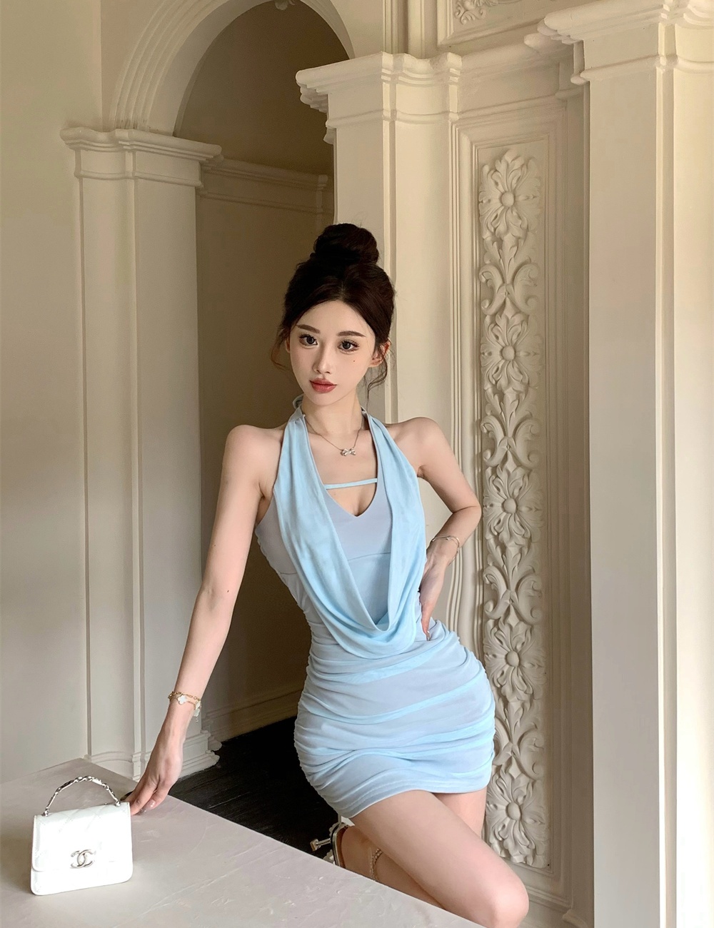 Halter summer fold sleeveless slim dress