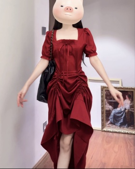 Square collar large yard dress slim red long dress