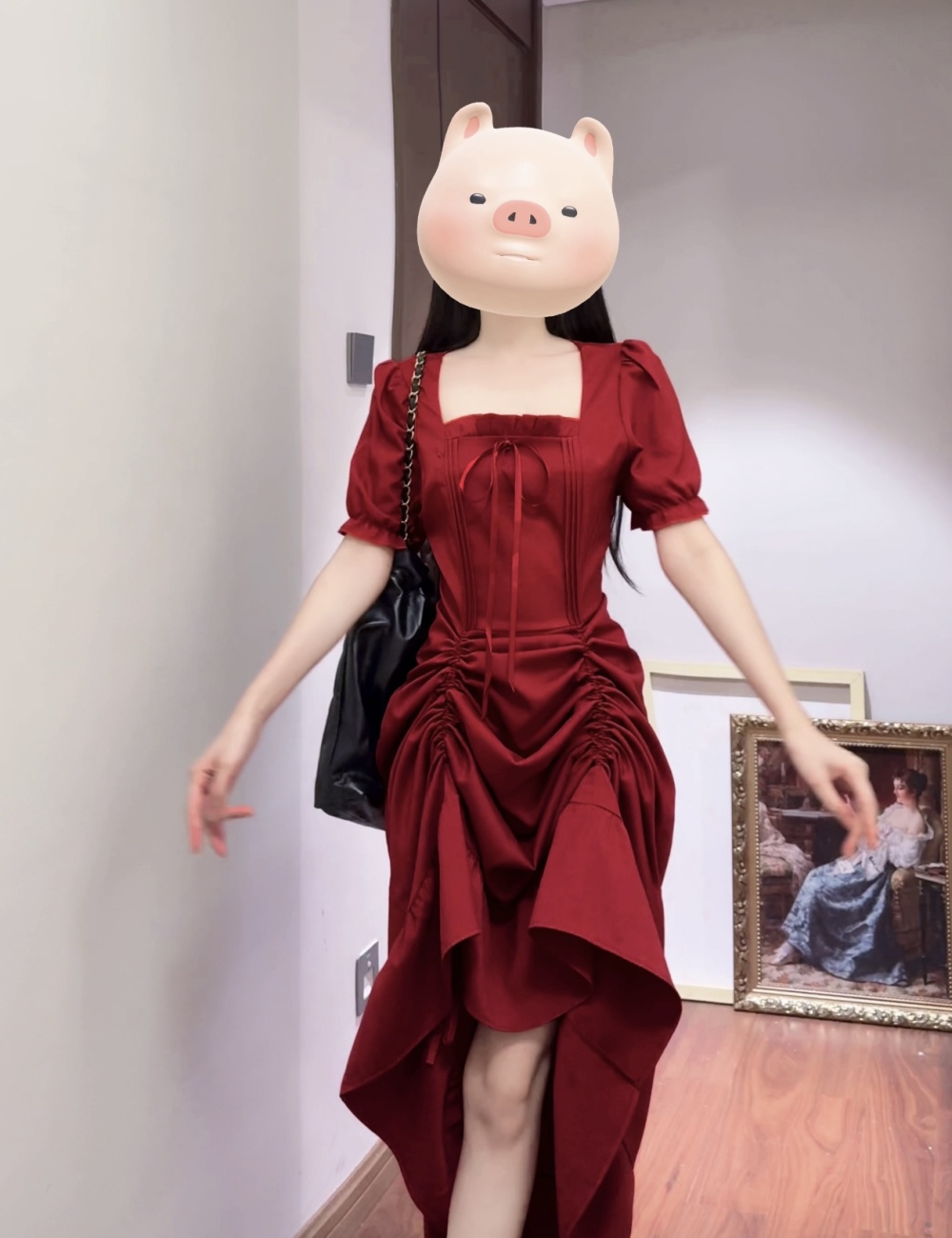 Square collar large yard dress slim red long dress