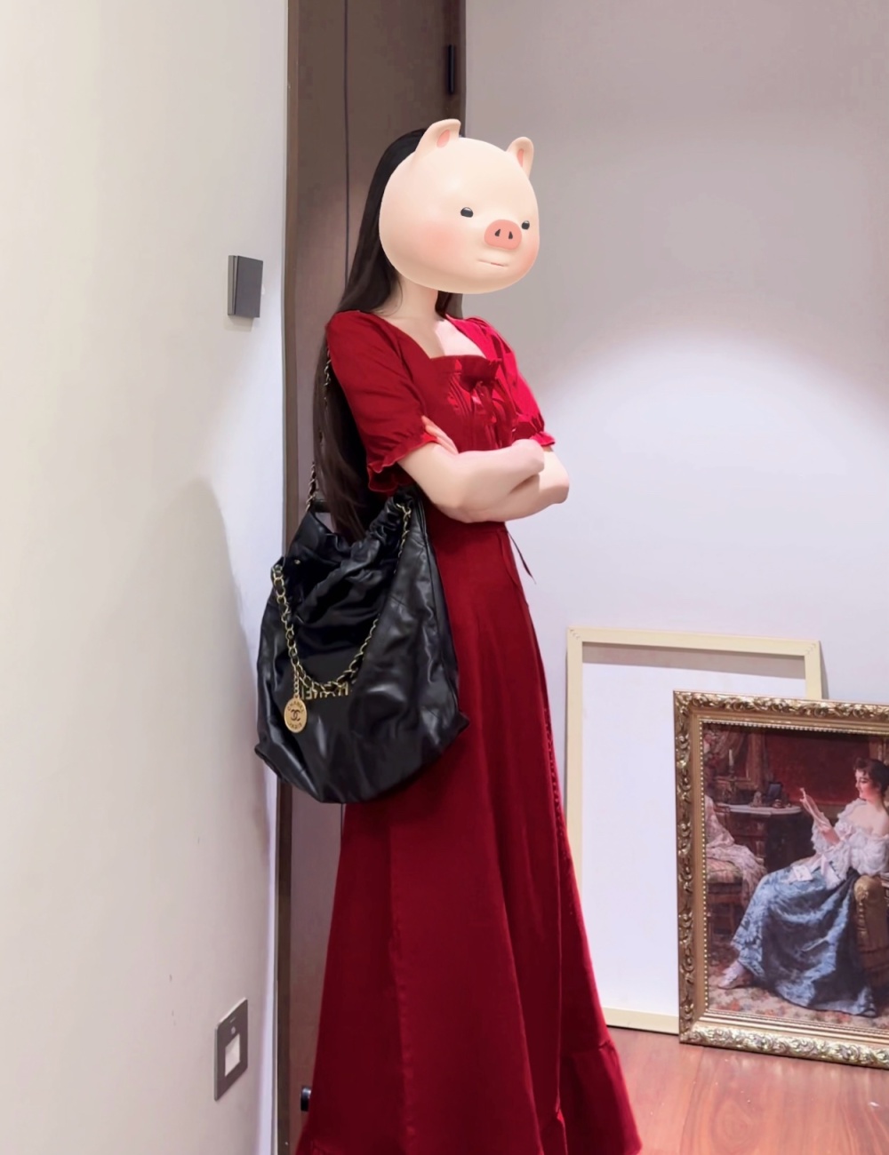 Square collar large yard dress slim red long dress