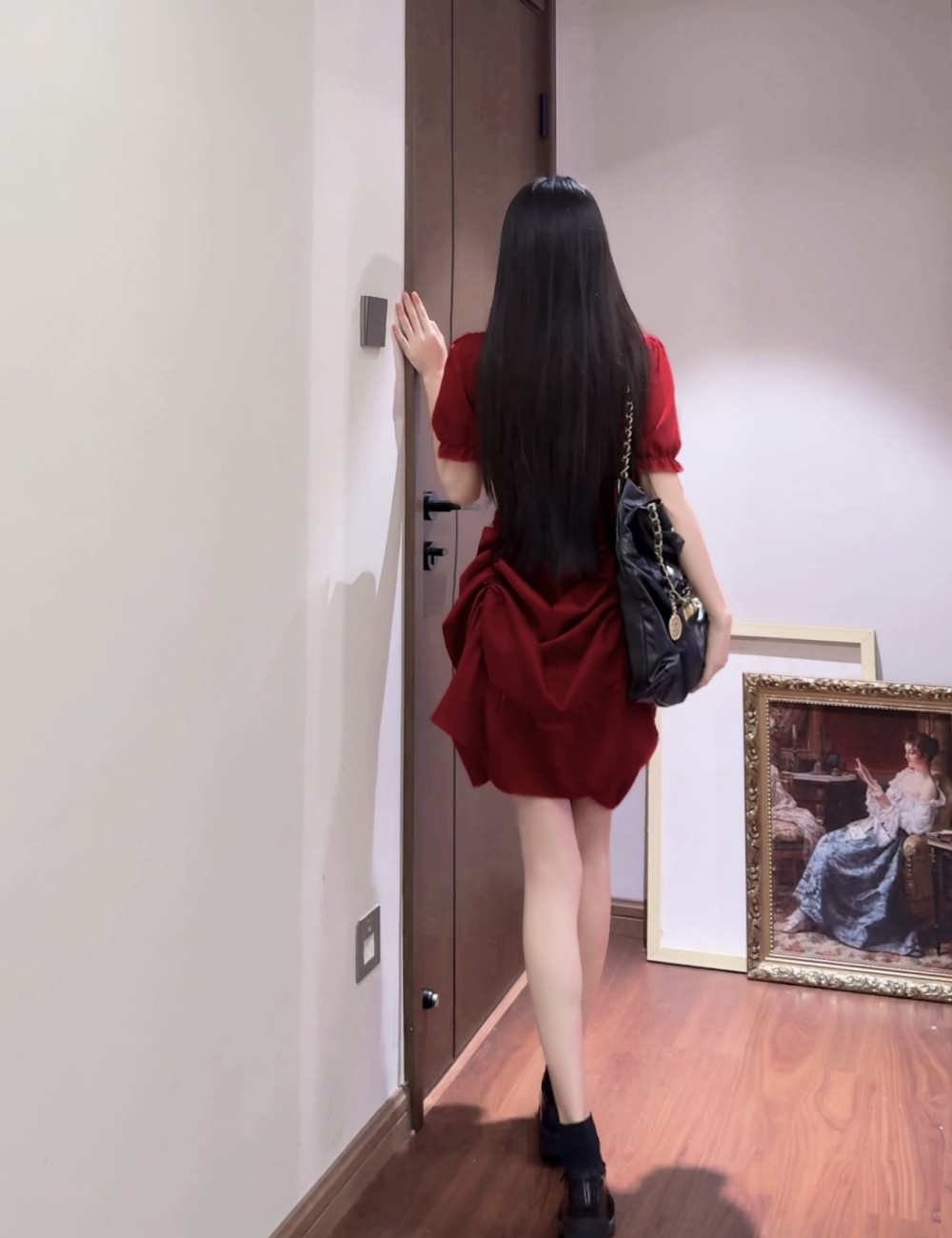 Square collar large yard dress slim red long dress