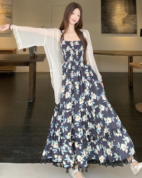 Large yard France style dress printing cardigan a set