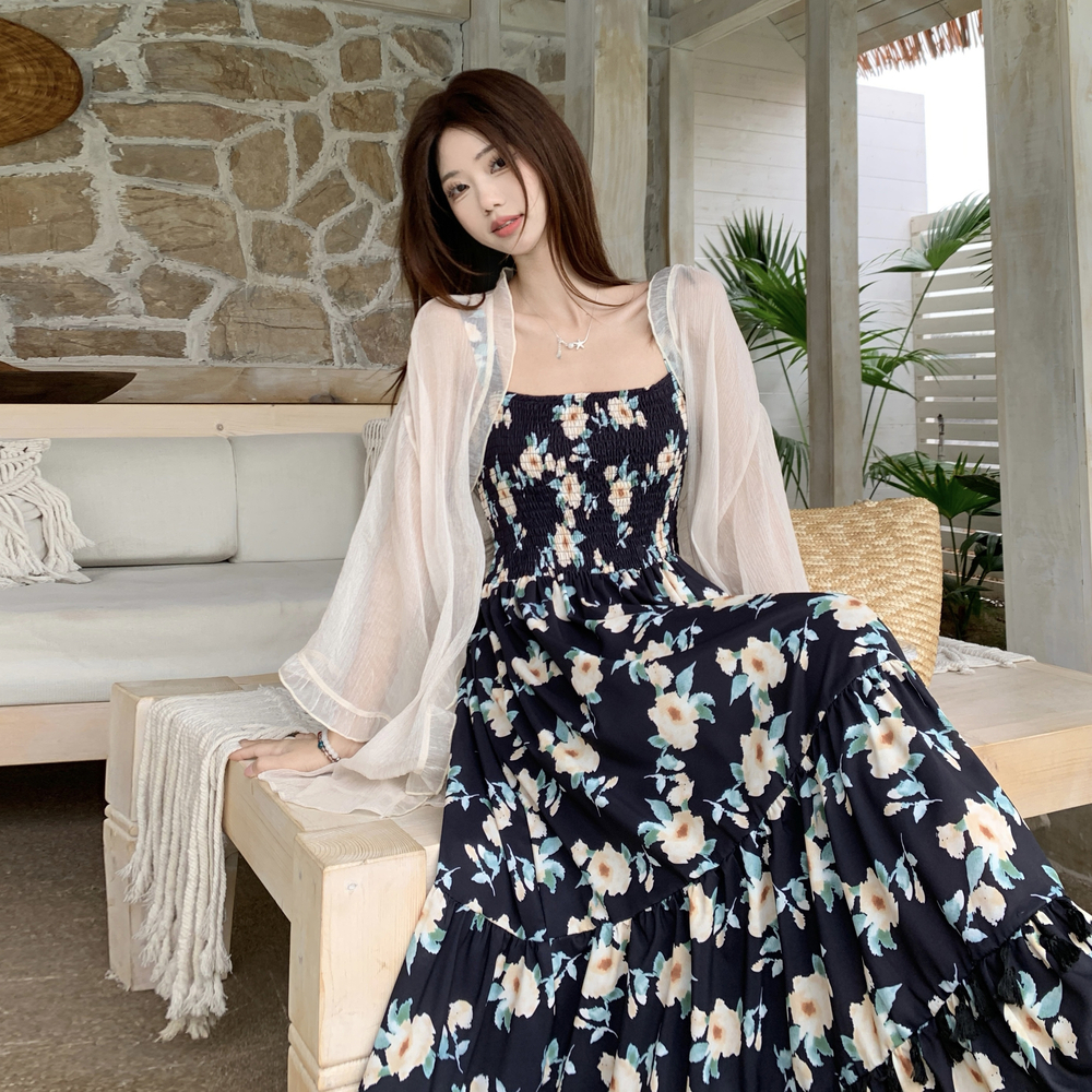 Large yard France style dress printing cardigan a set