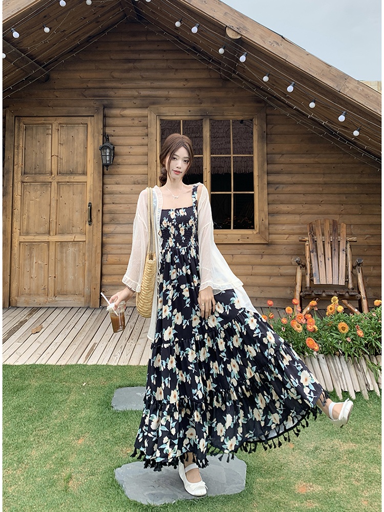 Large yard France style dress printing cardigan a set