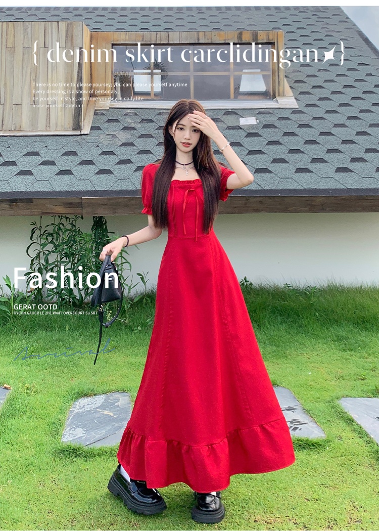 Temperament large yard dress square collar slim long dress