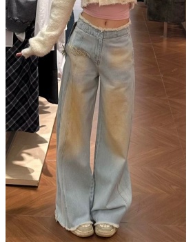 Wide leg straight long pants washed loose jeans for women