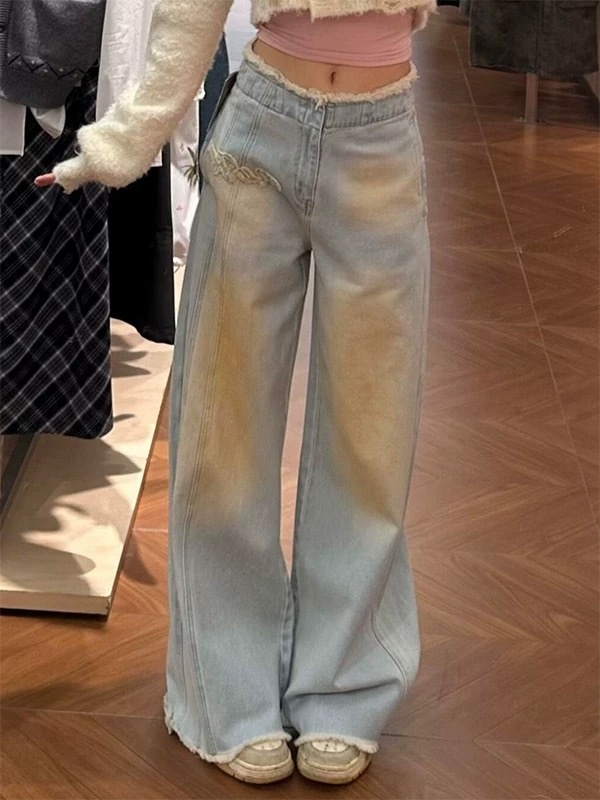 Wide leg straight long pants washed loose jeans for women
