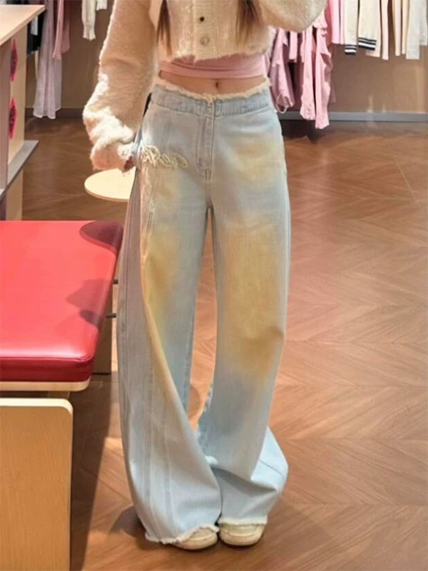 Wide leg straight long pants washed loose jeans for women