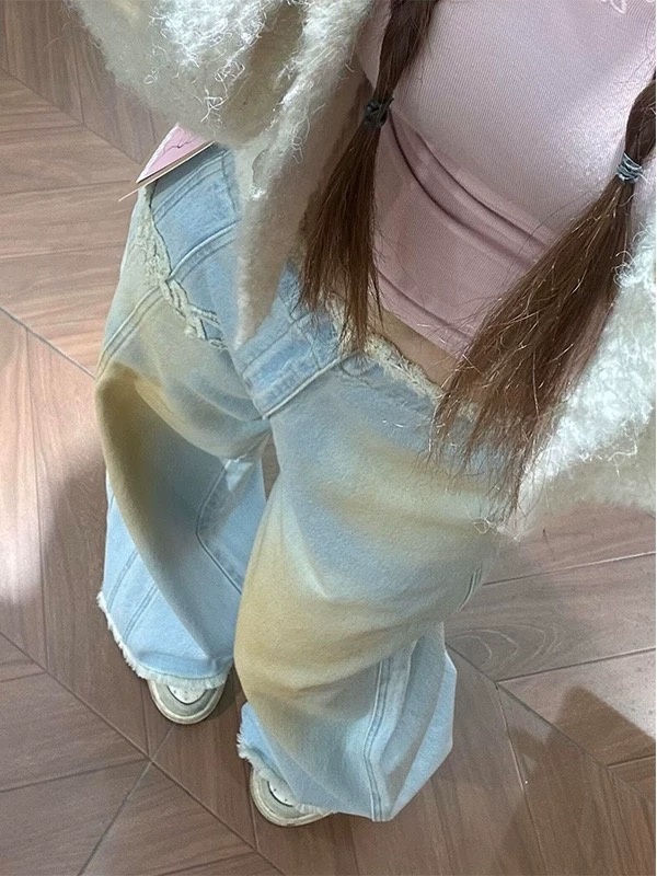 Wide leg straight long pants washed loose jeans for women