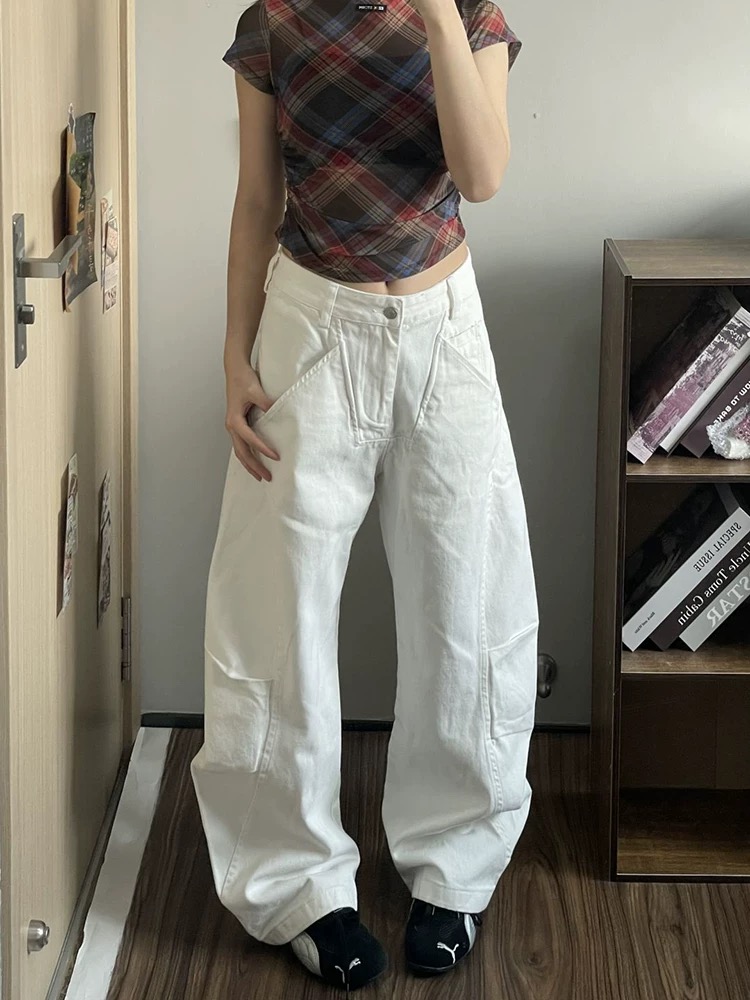 White arc wide leg pants loose Korean style pants for women