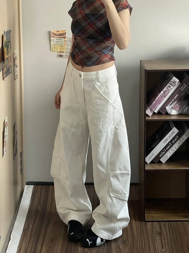 White arc wide leg pants loose Korean style pants for women