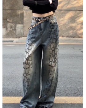 Hot stamping wide leg long pants retro jeans