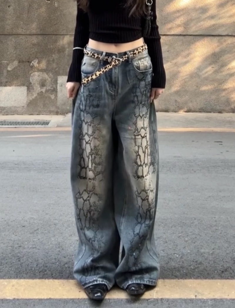 Hot stamping wide leg long pants retro jeans