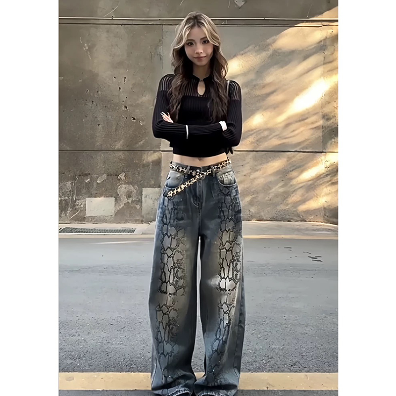 Hot stamping wide leg long pants retro jeans