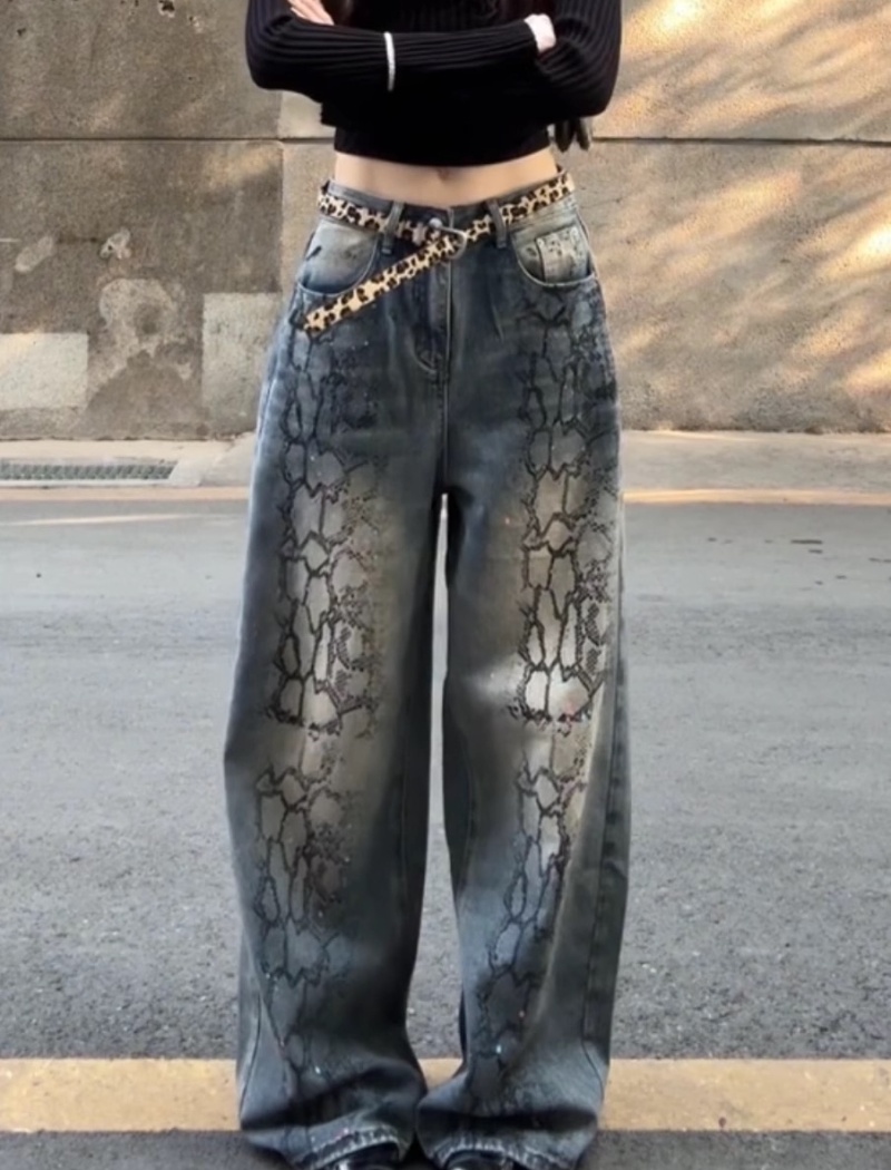 Hot stamping wide leg long pants retro jeans