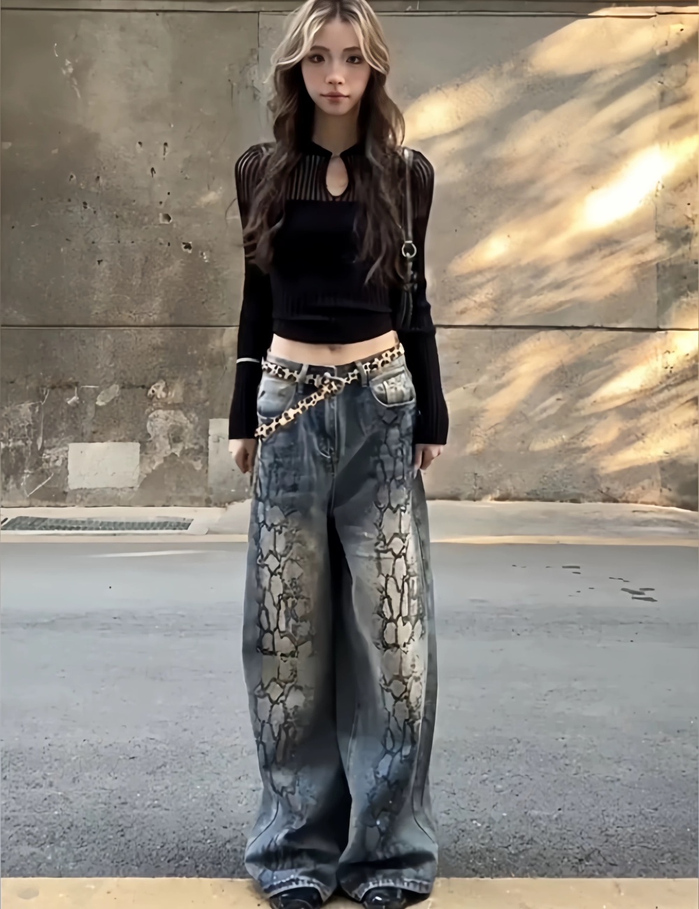 Hot stamping wide leg long pants retro jeans