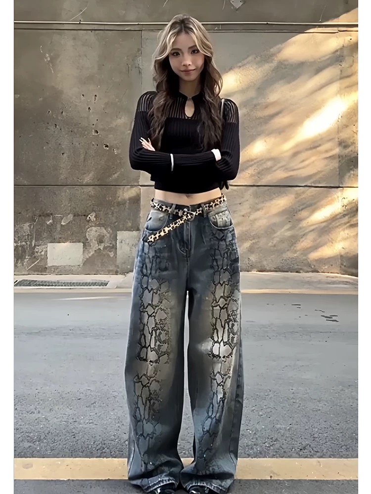 Hot stamping wide leg long pants retro jeans