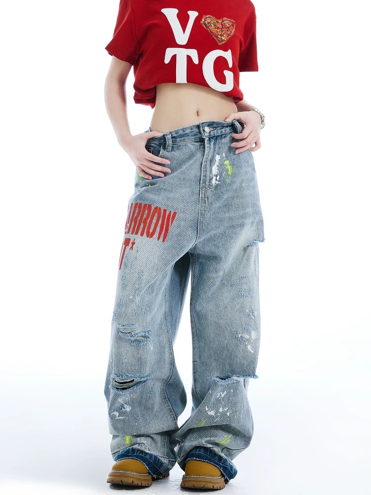 Wide leg loose jeans American style long pants
