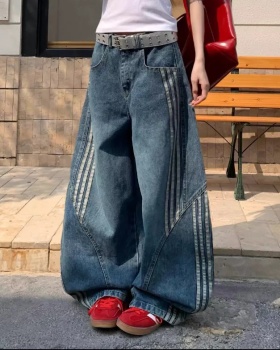 Stripe wide leg street washed straight pants retro jeans