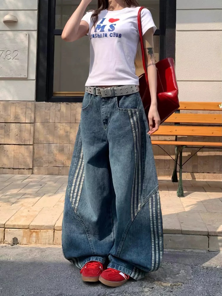 Stripe wide leg street washed straight pants retro jeans