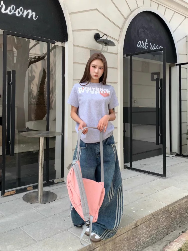 Stripe wide leg street washed straight pants retro jeans