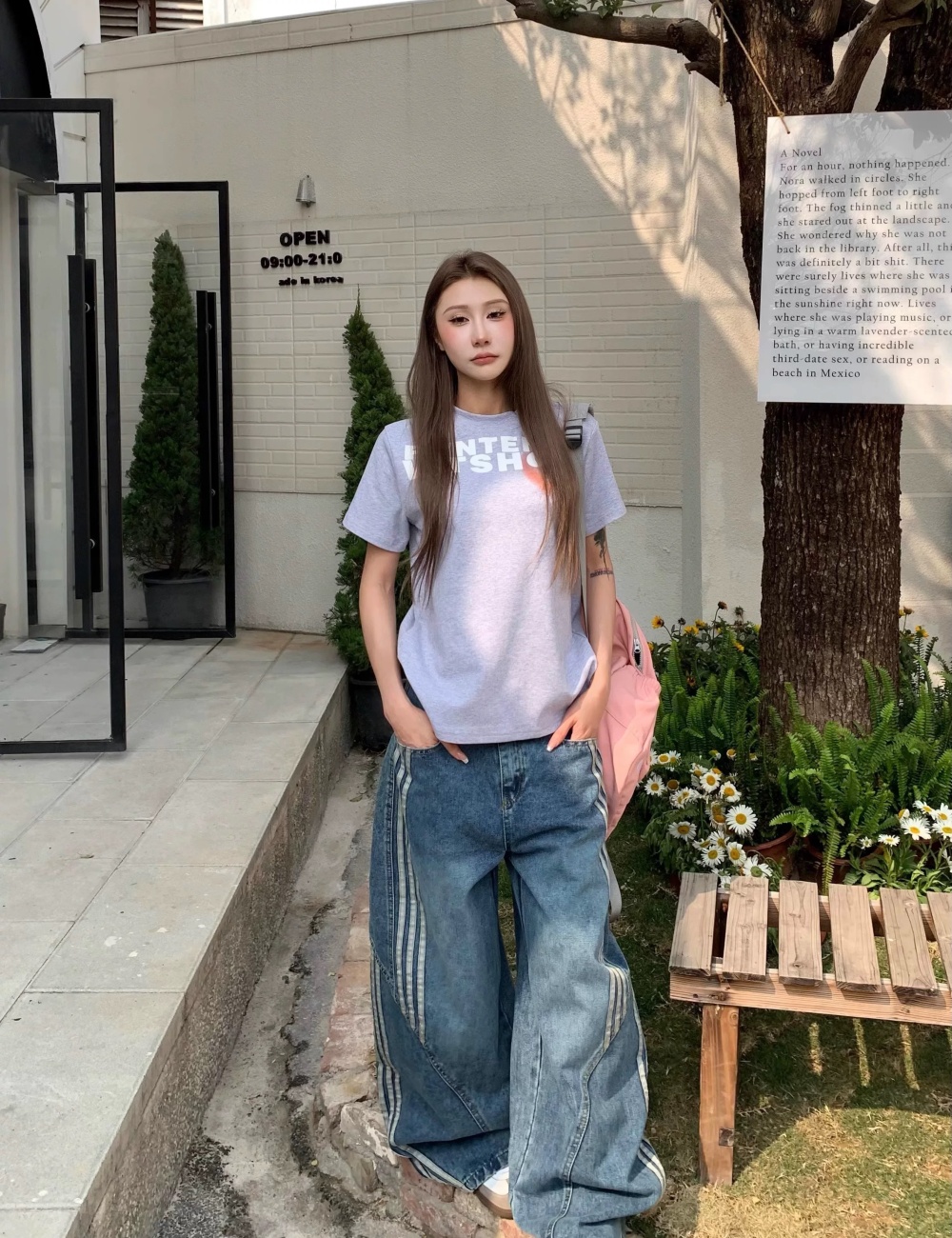 Stripe wide leg street washed straight pants retro jeans