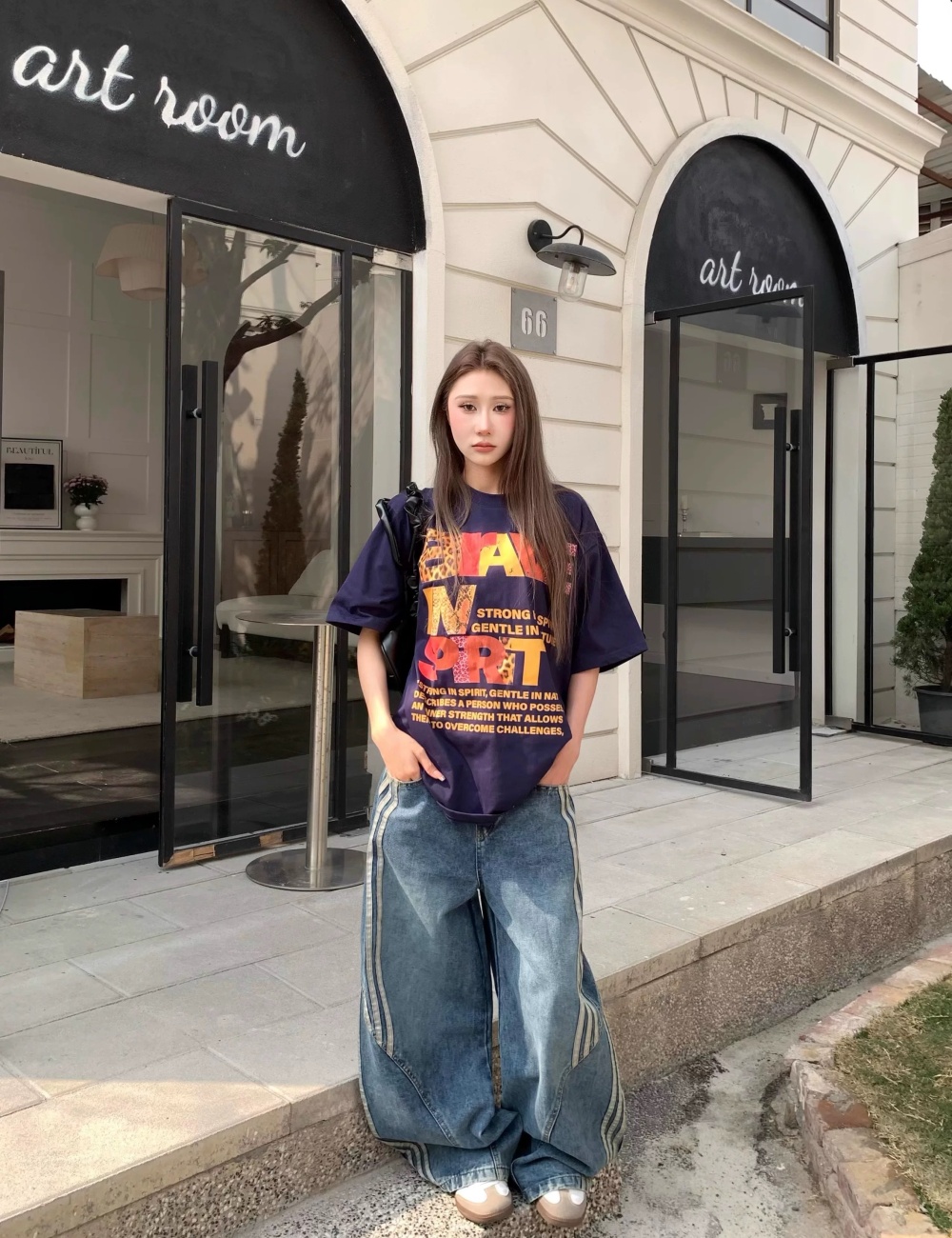 Stripe wide leg street washed straight pants retro jeans