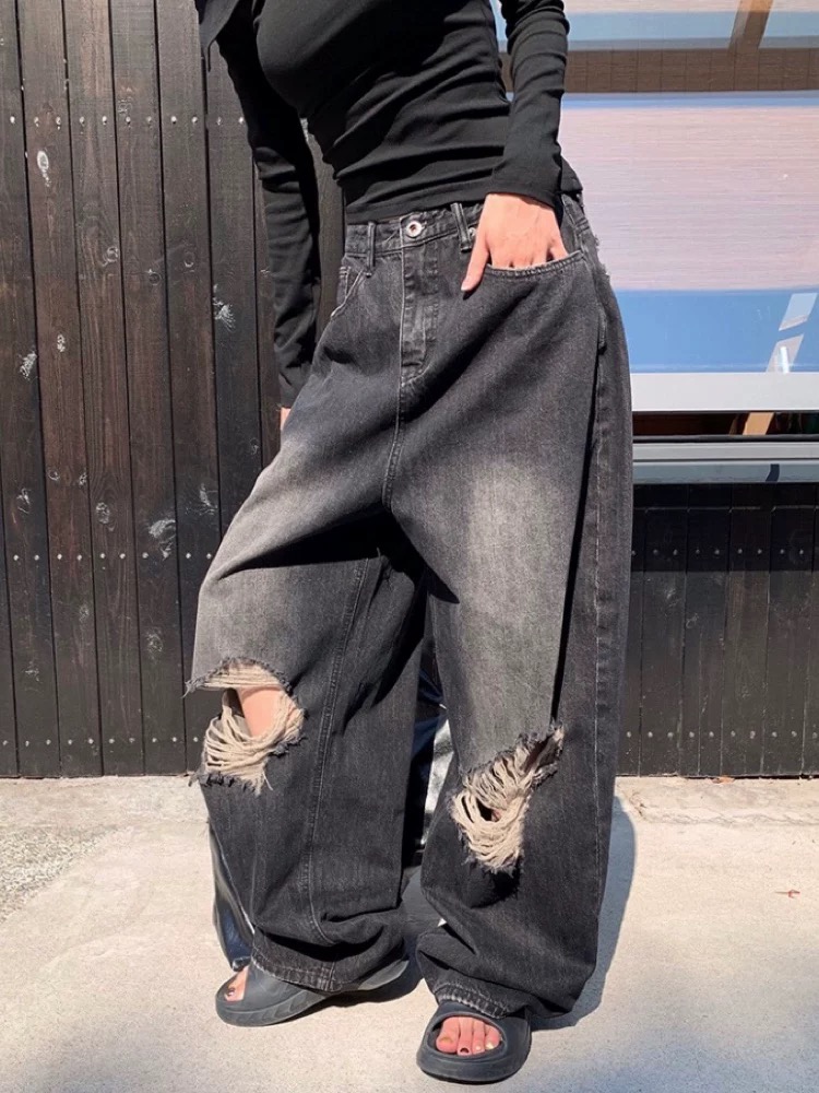Korean style wide leg long pants straight jeans for women