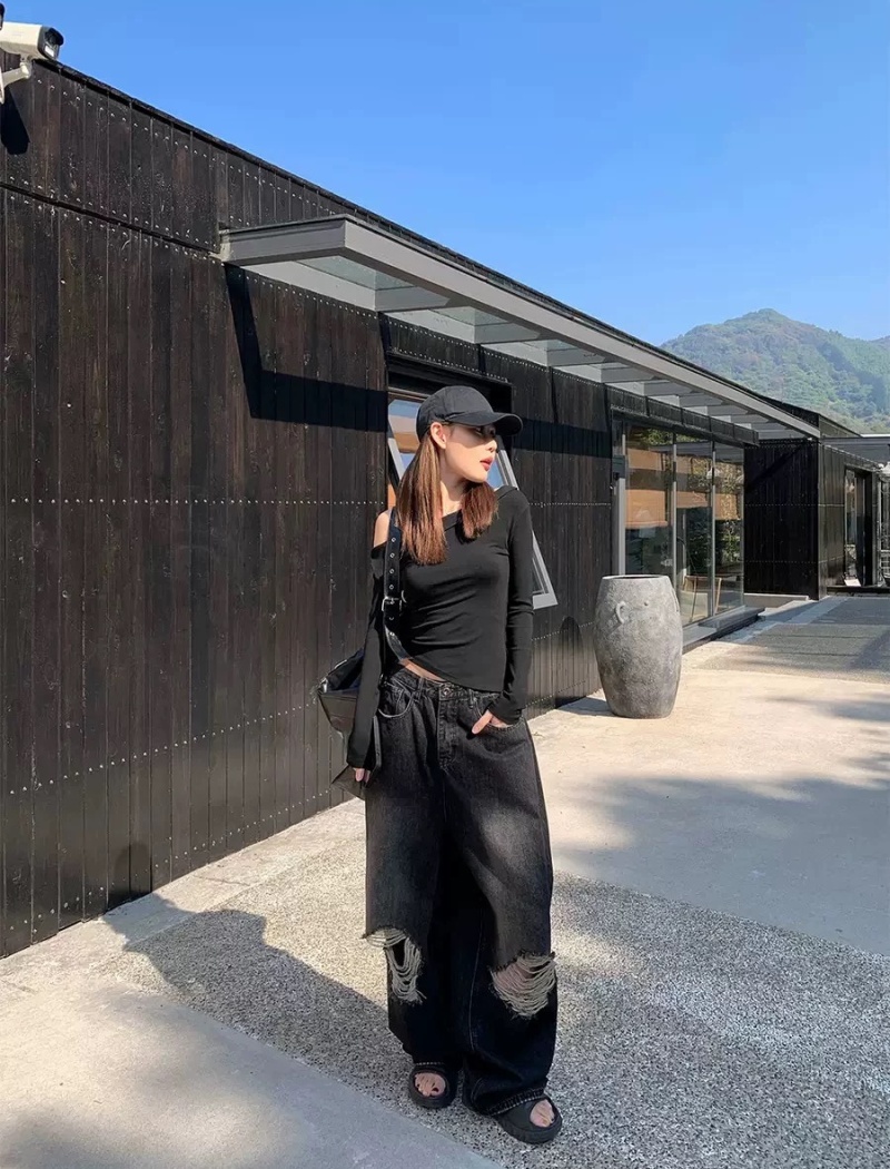 Korean style wide leg long pants straight jeans for women