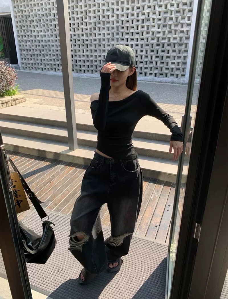Korean style wide leg long pants straight jeans for women
