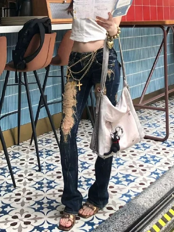 Summer holes retro jeans slim micro speaker pants for women