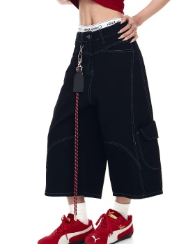 Retro loose work pants black washed cropped pants for women