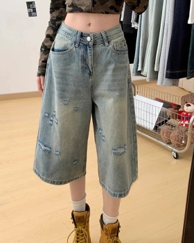 Holes wide leg shorts summer five pants for women