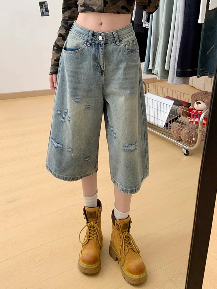 Holes wide leg shorts summer five pants for women