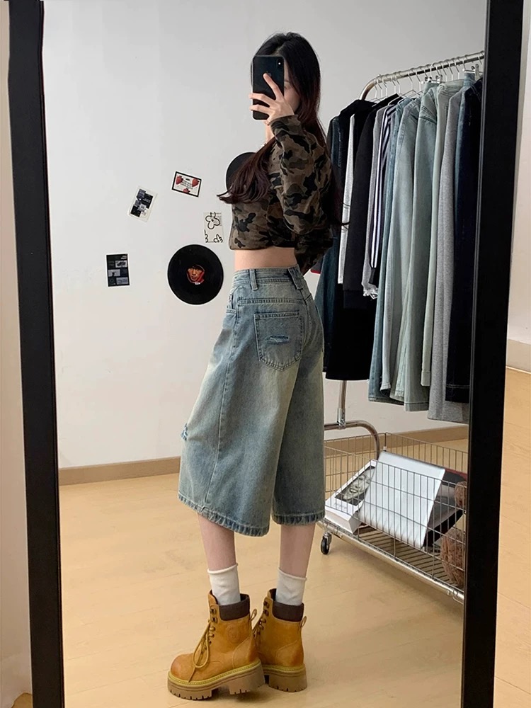 Holes wide leg shorts summer five pants for women