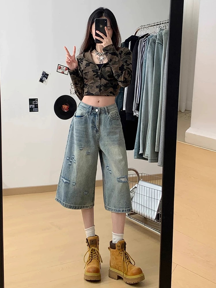 Holes wide leg shorts summer five pants for women