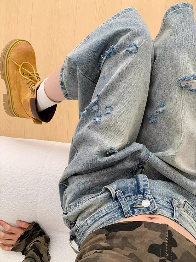 Holes wide leg shorts summer five pants for women