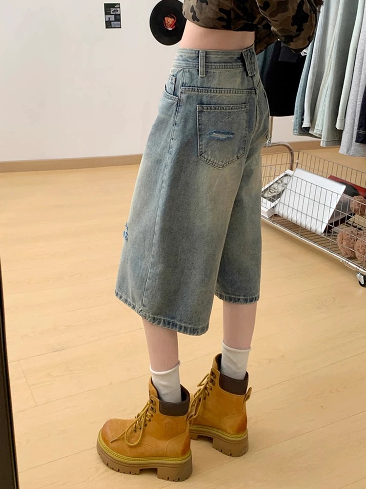 Holes wide leg shorts summer five pants for women