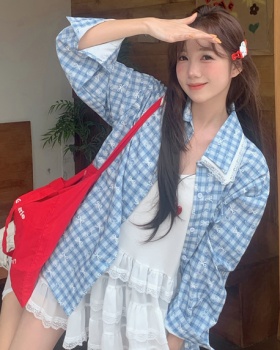 Korean style printing lace shirt cubs bow plaid tops