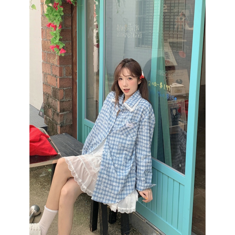 Korean style printing lace shirt cubs bow plaid tops
