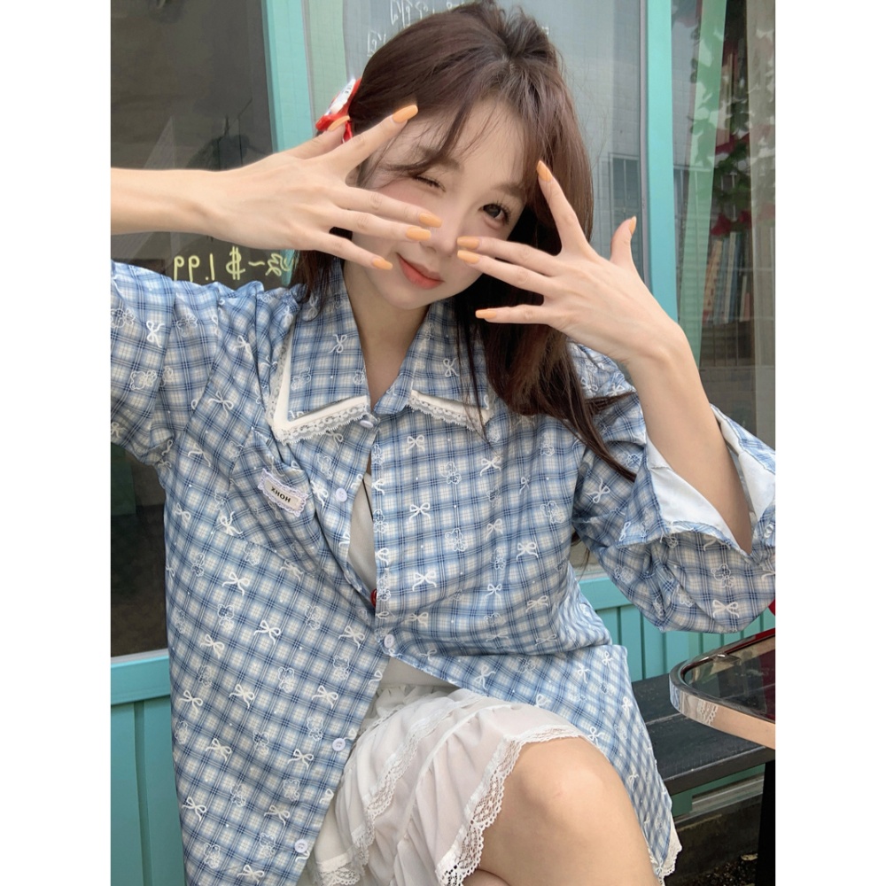 Korean style printing lace shirt cubs bow plaid tops