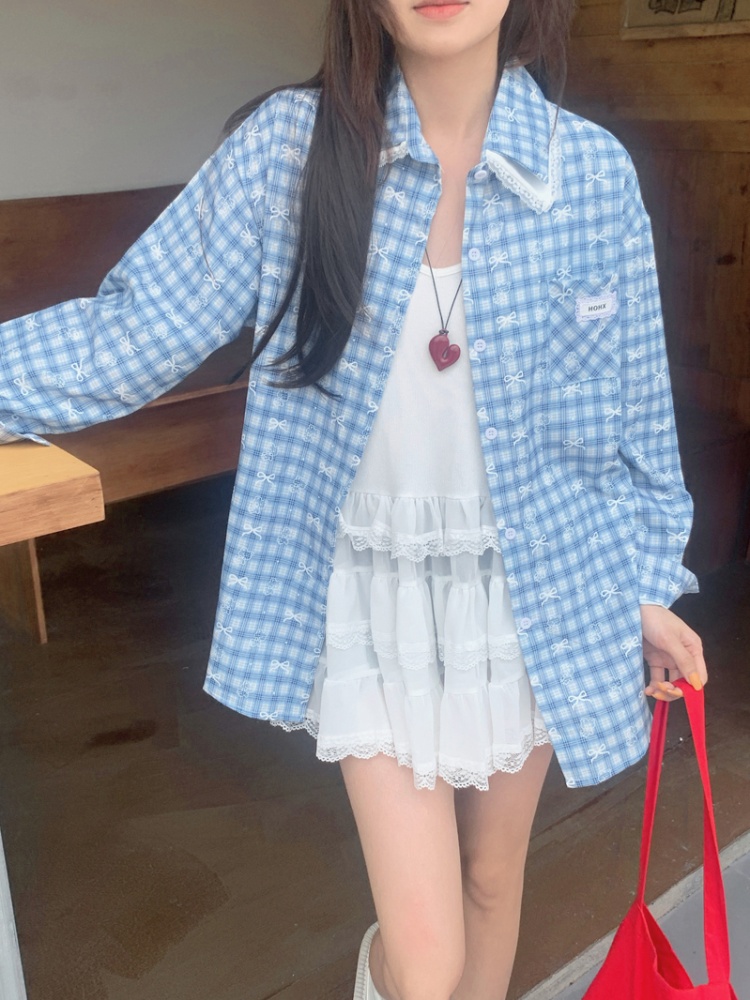 Korean style printing lace shirt cubs bow plaid tops