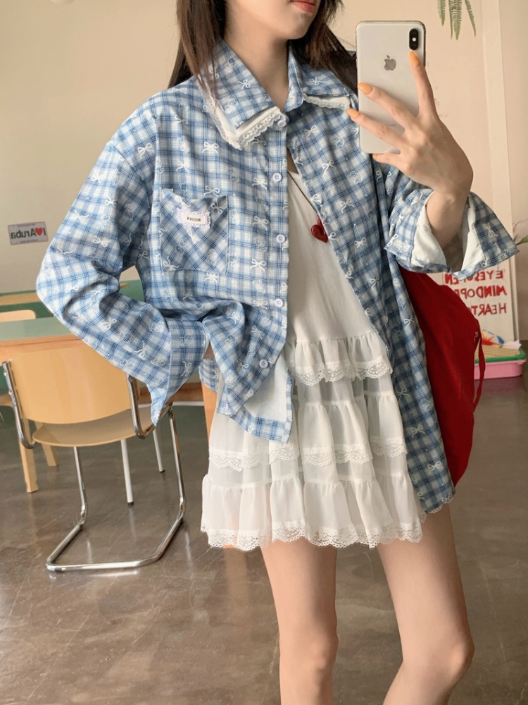 Korean style printing lace shirt cubs bow plaid tops