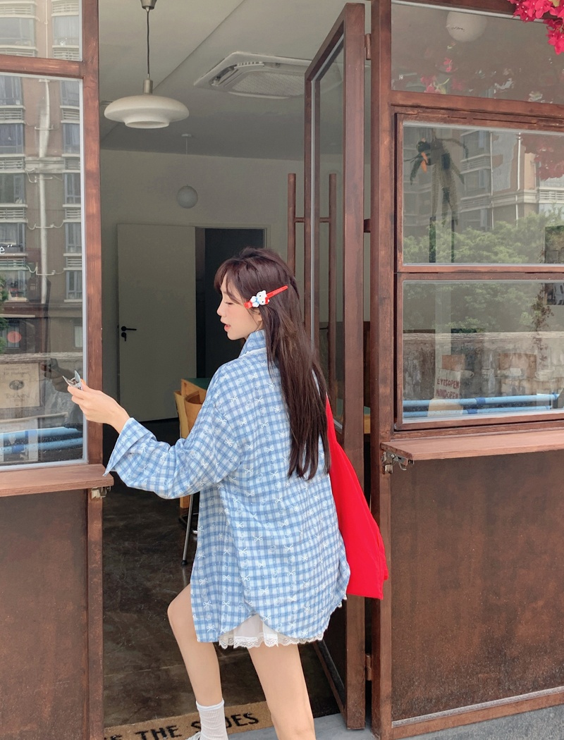 Korean style printing lace shirt cubs bow plaid tops