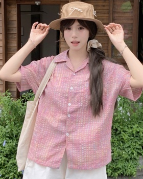 Summer plaid cotton tops bubble all-match loose shirt