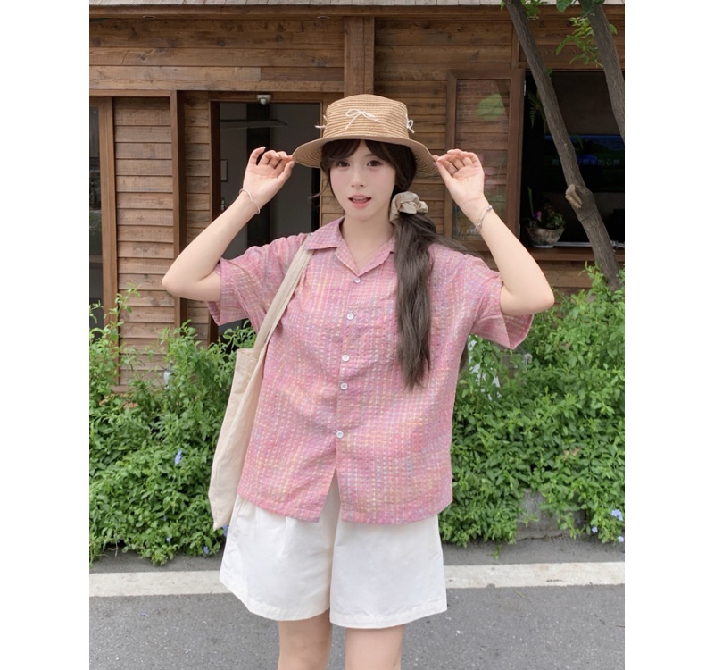 Summer plaid cotton tops bubble all-match loose shirt