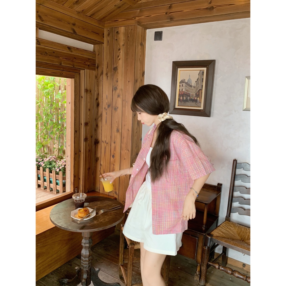 Summer plaid cotton tops bubble all-match loose shirt