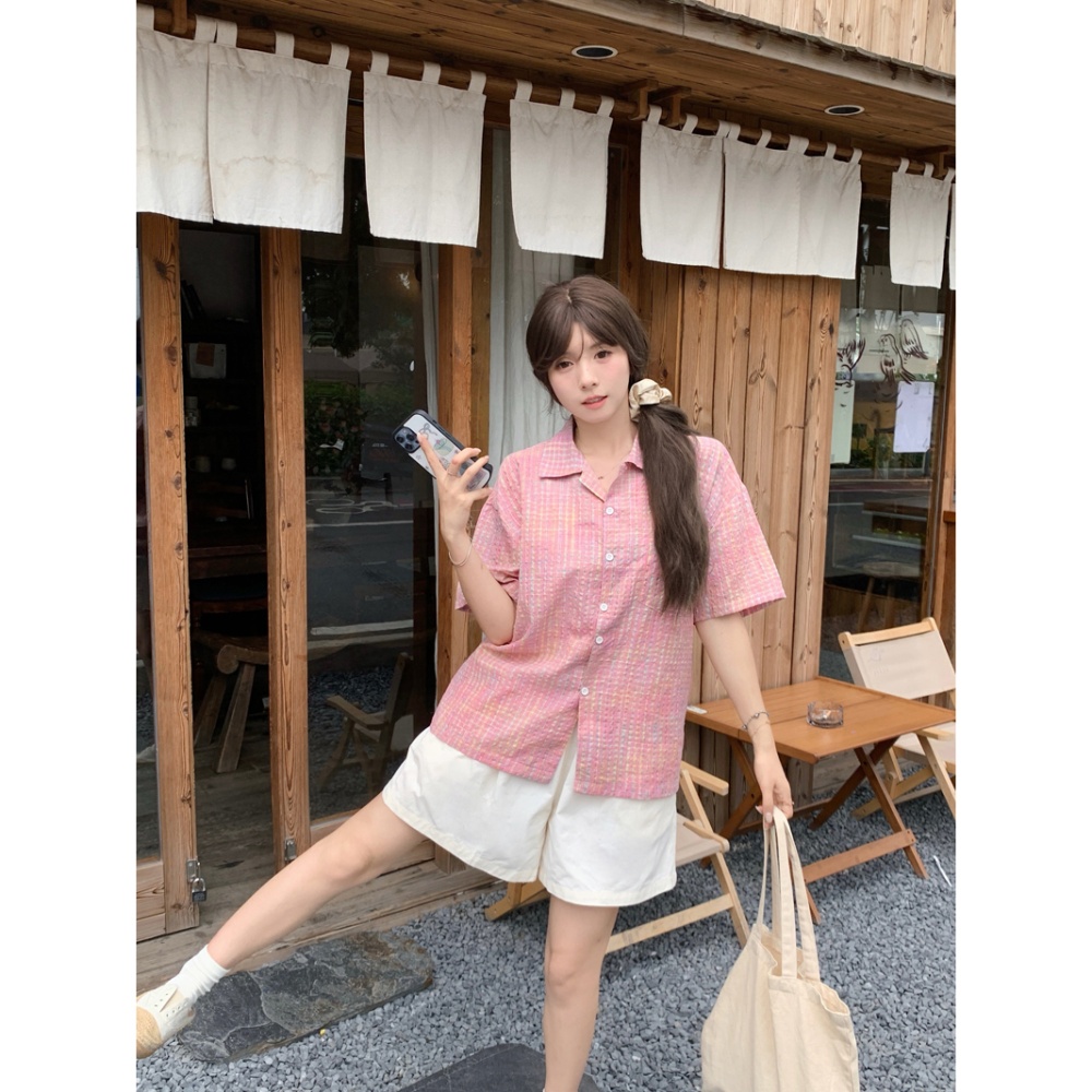 Summer plaid cotton tops bubble all-match loose shirt